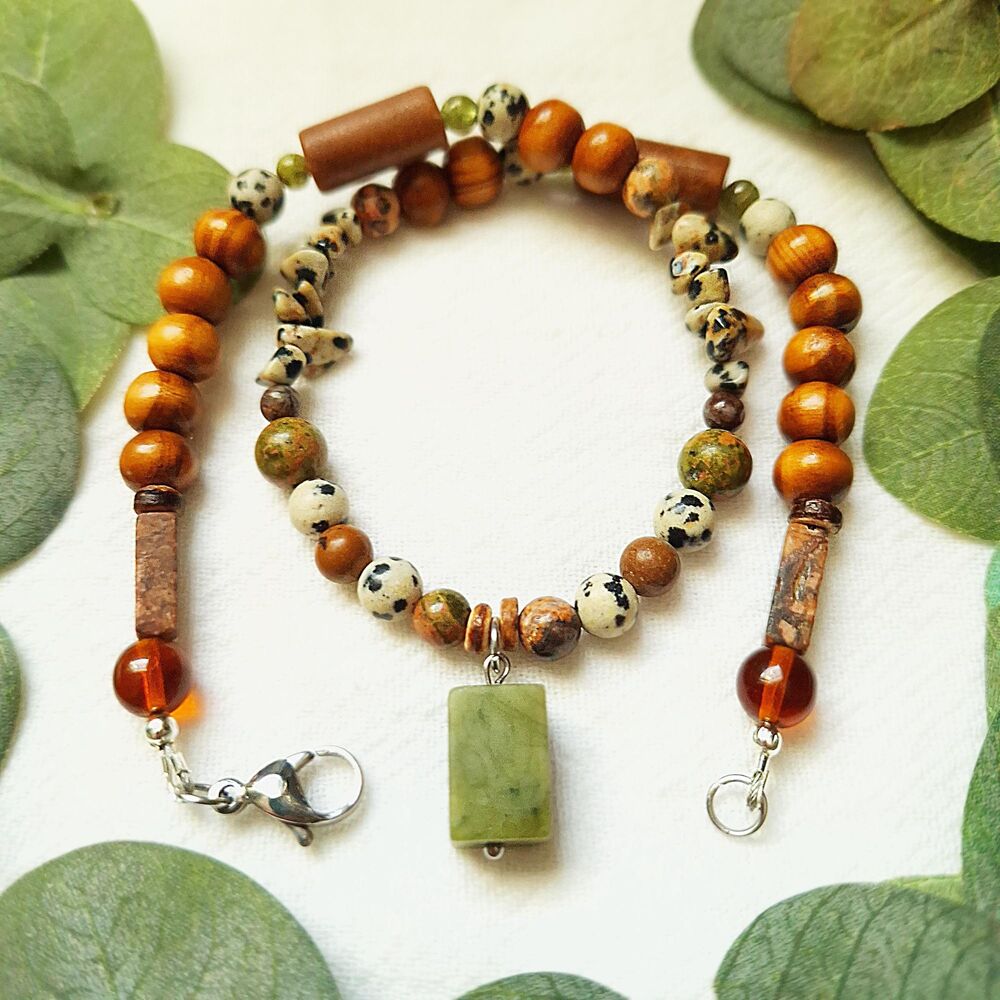 Earthy Dalmatian Jasper & Wood Pendant Necklace – Adjustable Cottagecore Choker